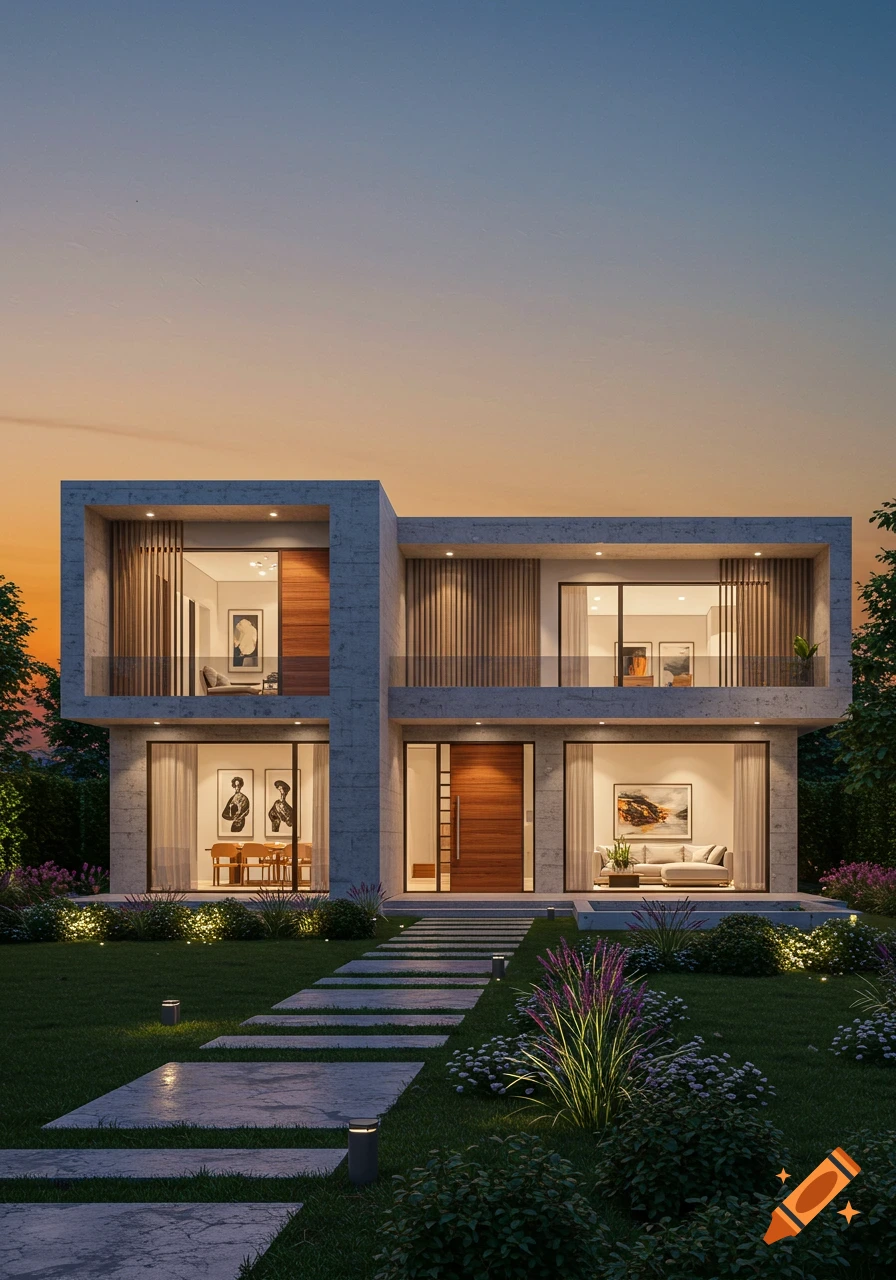 A modern concrete and wood house with large windows and glowing interiors, set in a garden at dusk with a gradient sky.