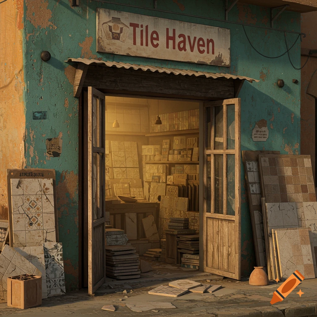 A rustic, non-luxurious tile shop with a 'Tile Haven' sign, stacks of new and broken tiles, and peeling teal paint.
