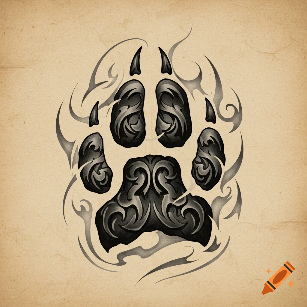 Stylized black and gray wolf paw print in tribal tattoo style on a textured light brown background.
