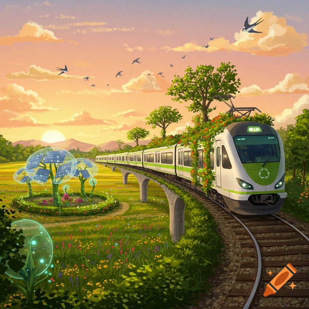 A futuristic solarpunk train, covered in vines, travels on an elevated track through a vibrant field with solar trees at sunset. Illustration.