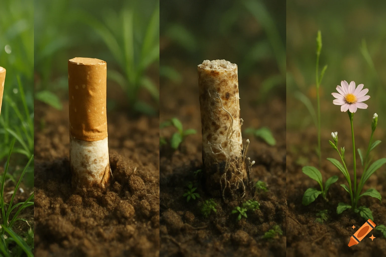 Photorealistic sequence of a cigarette butt in soil, then decaying with roots, followed by a small pink flower blooming.