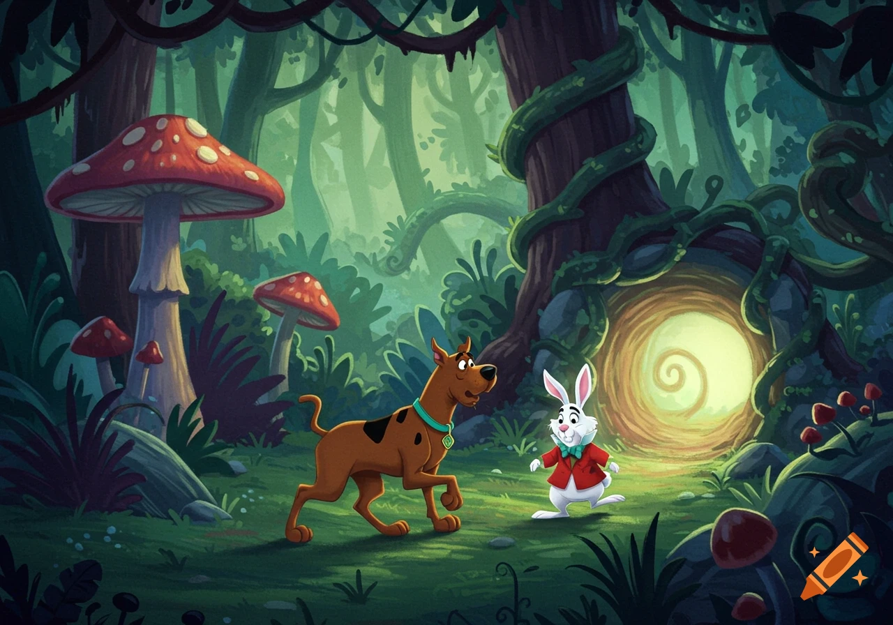 Scooby The Rabbit Cartoon illustration of Scooby Doo following the White Rabbit through a ...