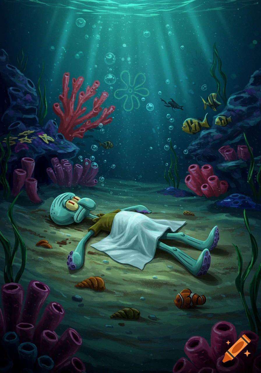Cartoon Squidward Tentacles lies still on the sandy seabed among coral and fish, with sun rays from above.