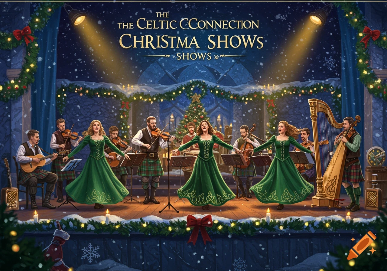 An illustrated Celtic band performs on a Christmas-decorated stage with falling snow and festive lighting.