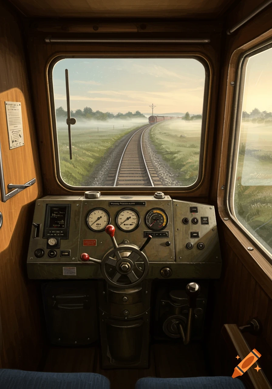 View from a train locomotive cabin, showing the control panel and tracks winding through a misty landscape at sunrise.