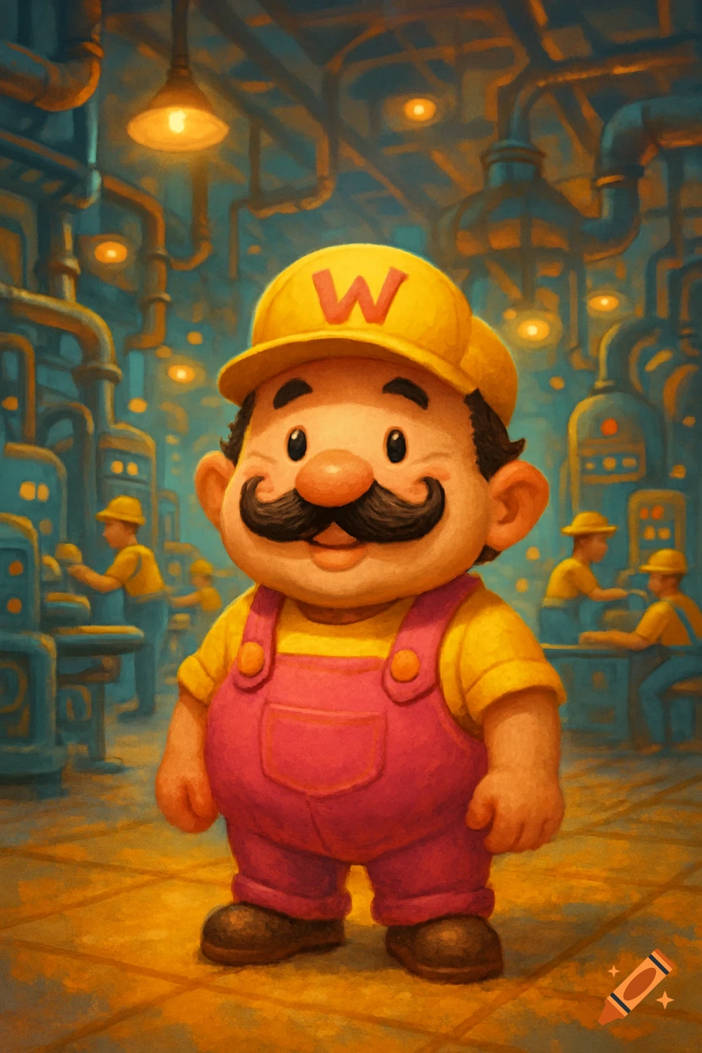 A cartoon worker resembling Wario, wearing a yellow W-cap and pink overalls, stands in a bustling factory, in a painterly style.