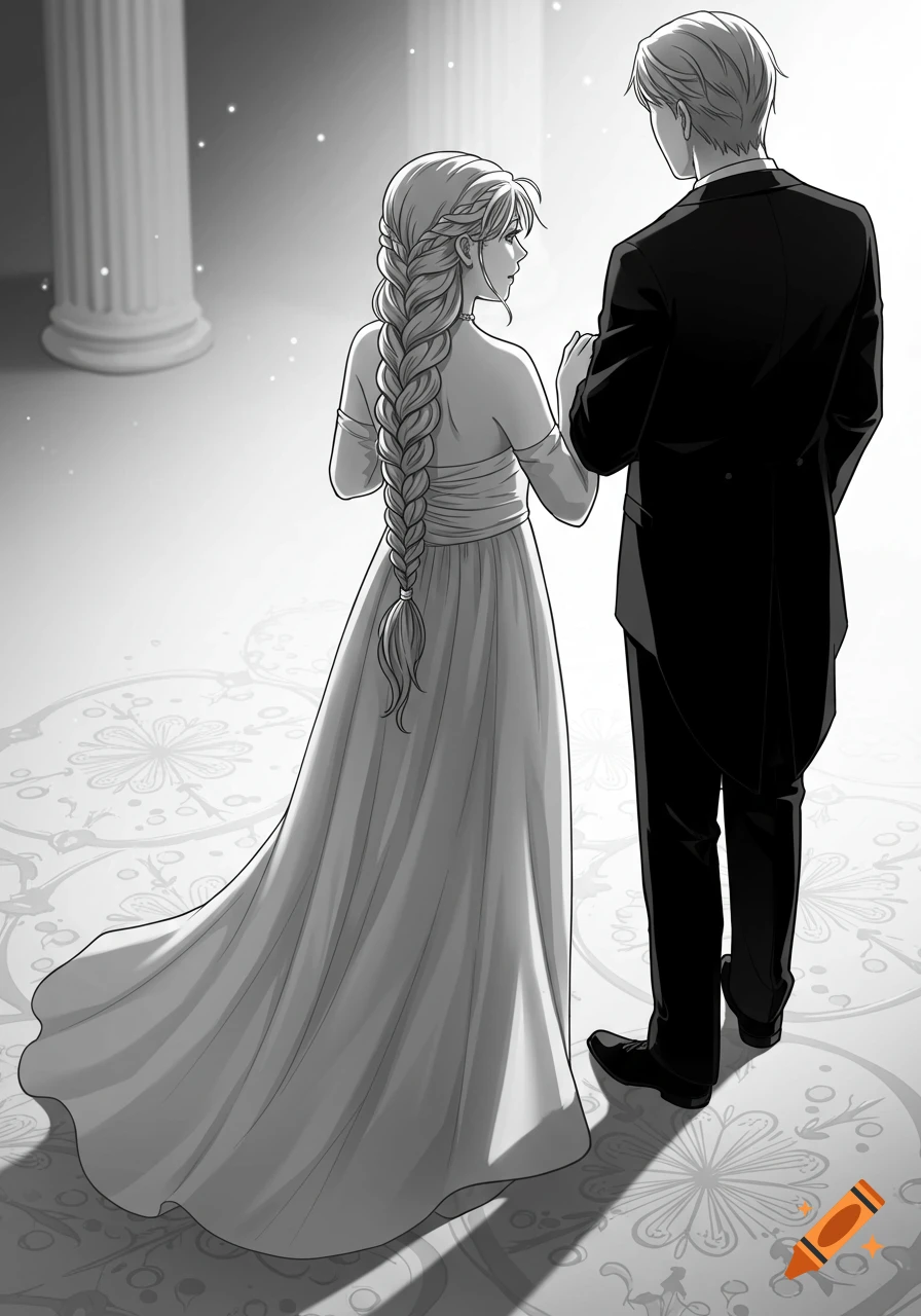 A black and white anime drawing of a woman in an elegant gown with a long braid looking at a man in a tuxedo in a ballroom.