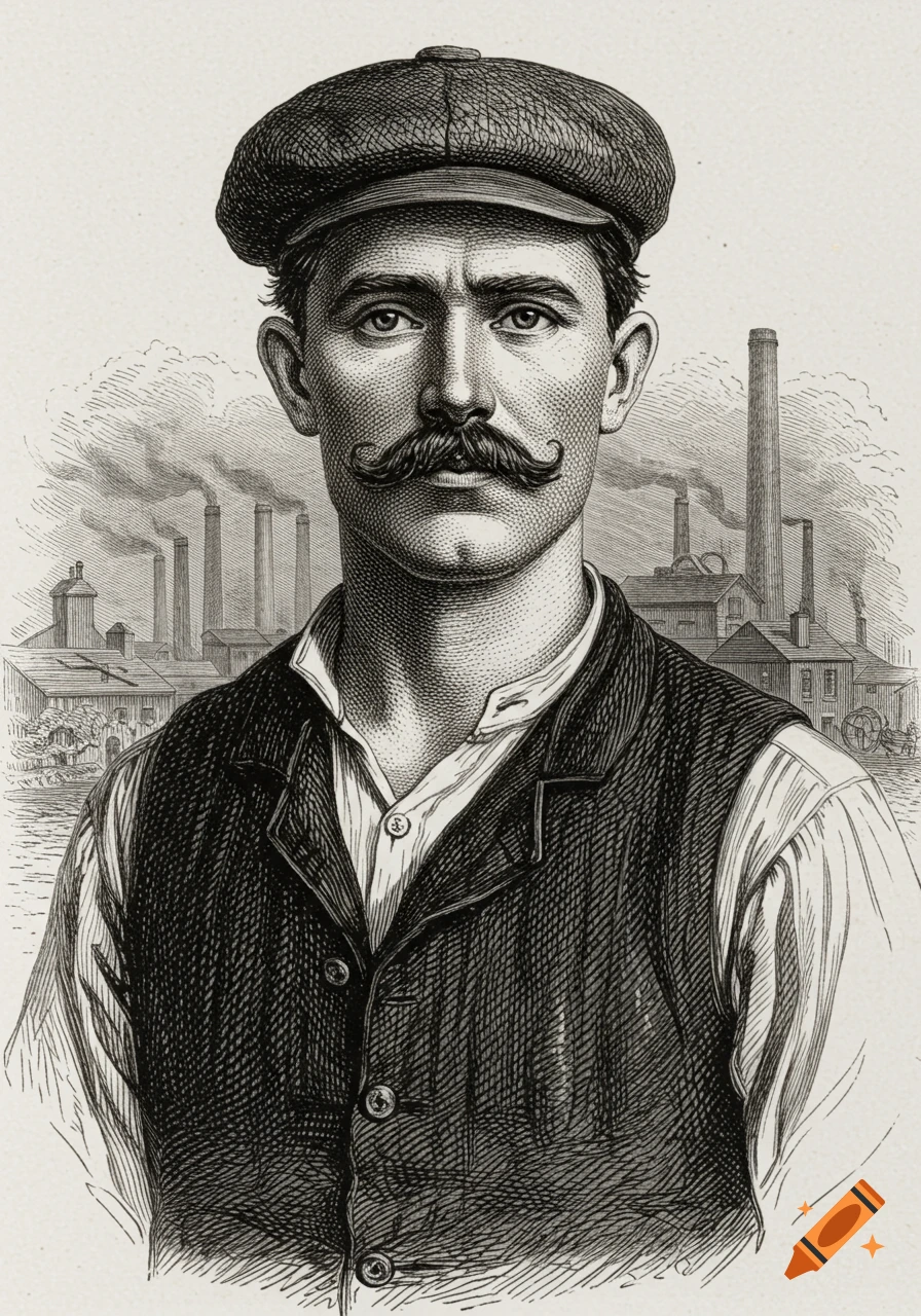 Engraving portrait of a young man with a mustache and cap, set against a backdrop of smoking factory chimneys.