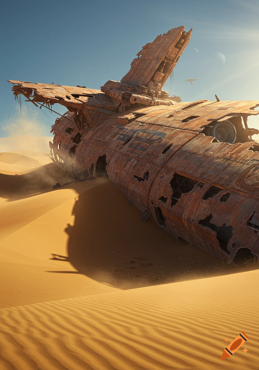 A rusty, derelict spaceship lies crashed and partially buried in golden sand dunes under a clear blue sky with distant planets.