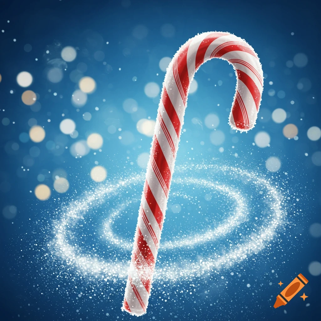 A red and white striped candy cane with a sugar coating stands against a blue bokeh background with sparkling dust.