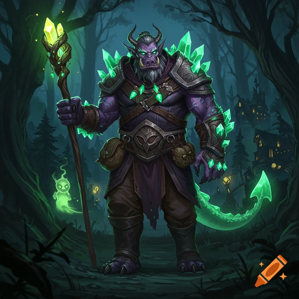 A hulking purple orc-like adventurer with glowing green crystals and tusks stands in a dark, enchanted forest, holding a staff. A small glowing green spirit floats nearby.