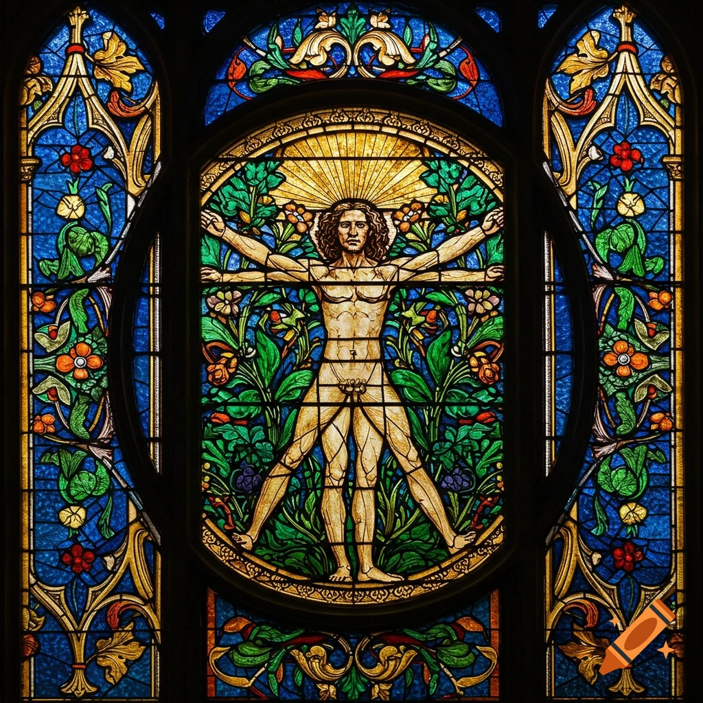 A stained glass window depicts a stylized Vitruvian Man, blending human form with plants, in vibrant blues, greens, and gold.
