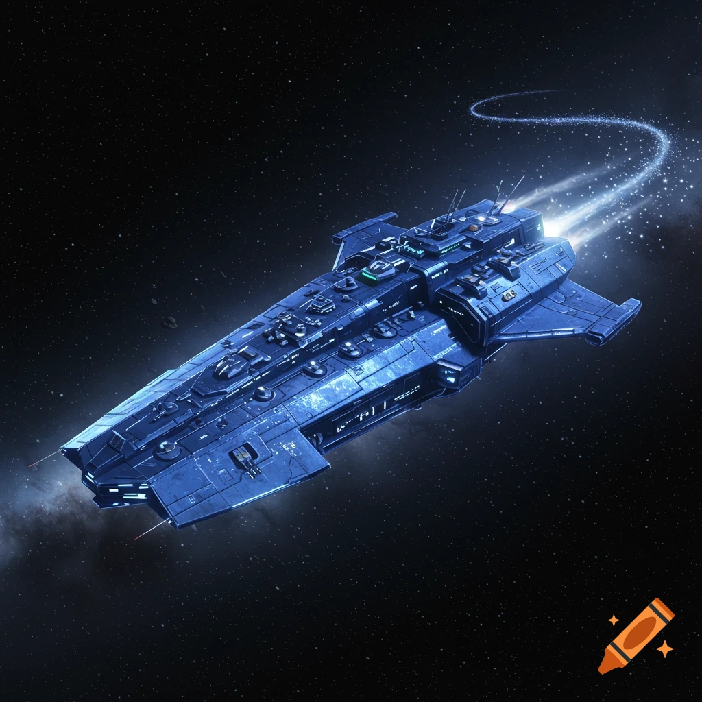 A sleek blue and metallic sci-fi frigate spaceship with glowing engines travels through a star-filled cosmic background.