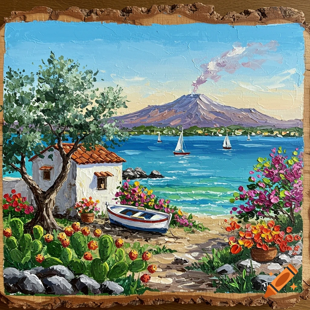 A vibrant, textured palette knife painting of a Mediterranean coastal scene with a white house, boat, olive tree, flowering bougainvillea, and a smoking volcano on a rustic wood slice.