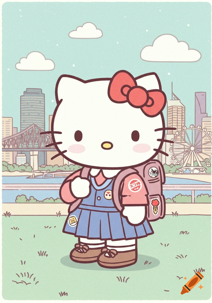 A kawaii cartoon illustration of Hello Kitty in a school uniform and backpack, standing in a park with a city and river in the background.