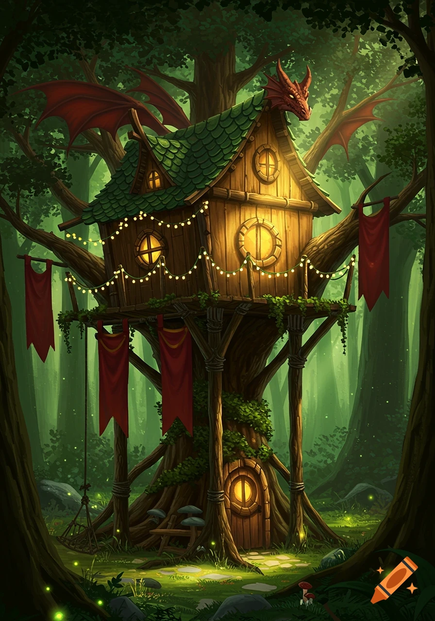 A whimsical, dragon-themed treehouse with red wings and head ...