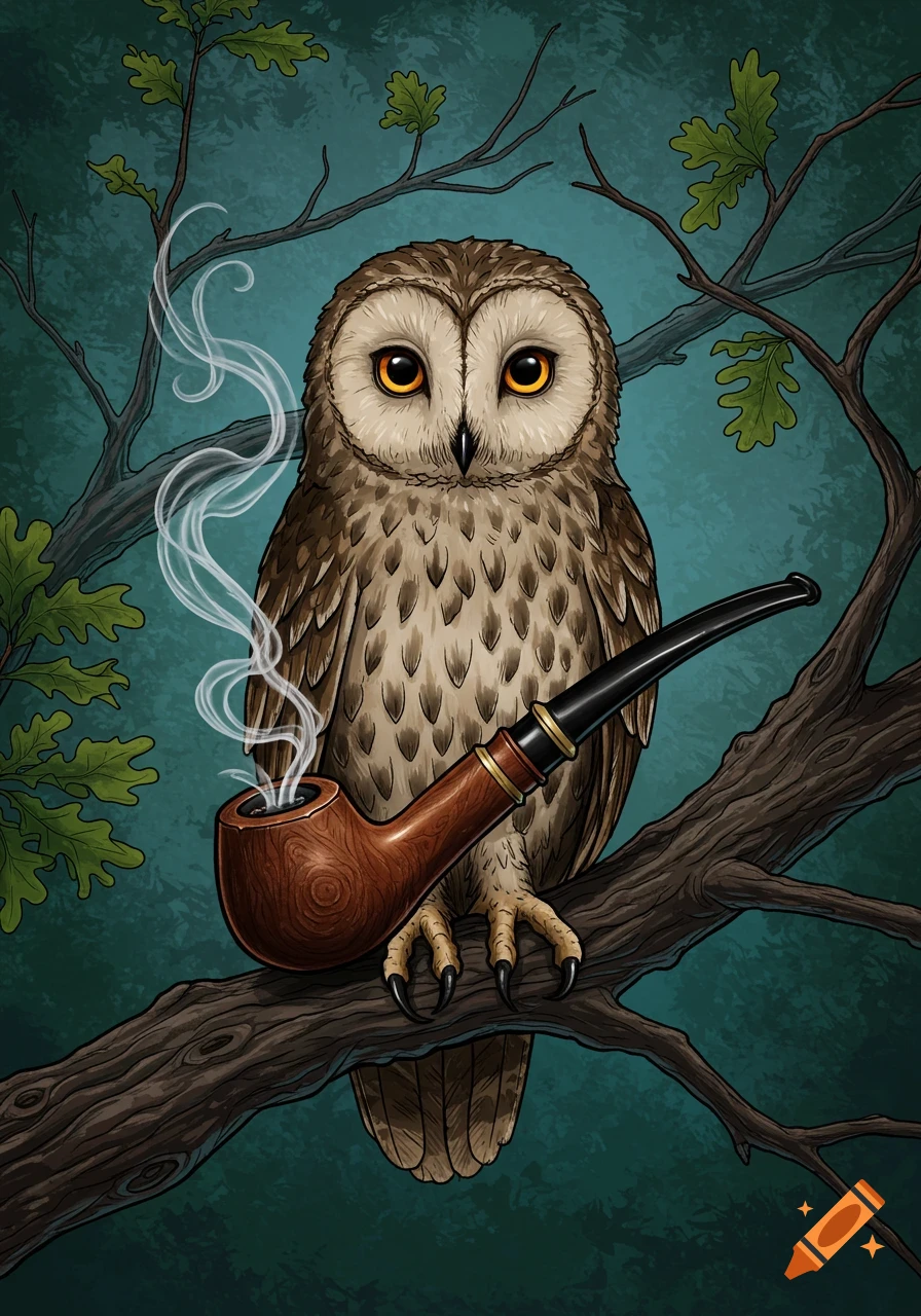 An illustrated owl with golden eyes sits on a dark tree branch, holding and smoking a wooden pipe with smoke curling upwards.