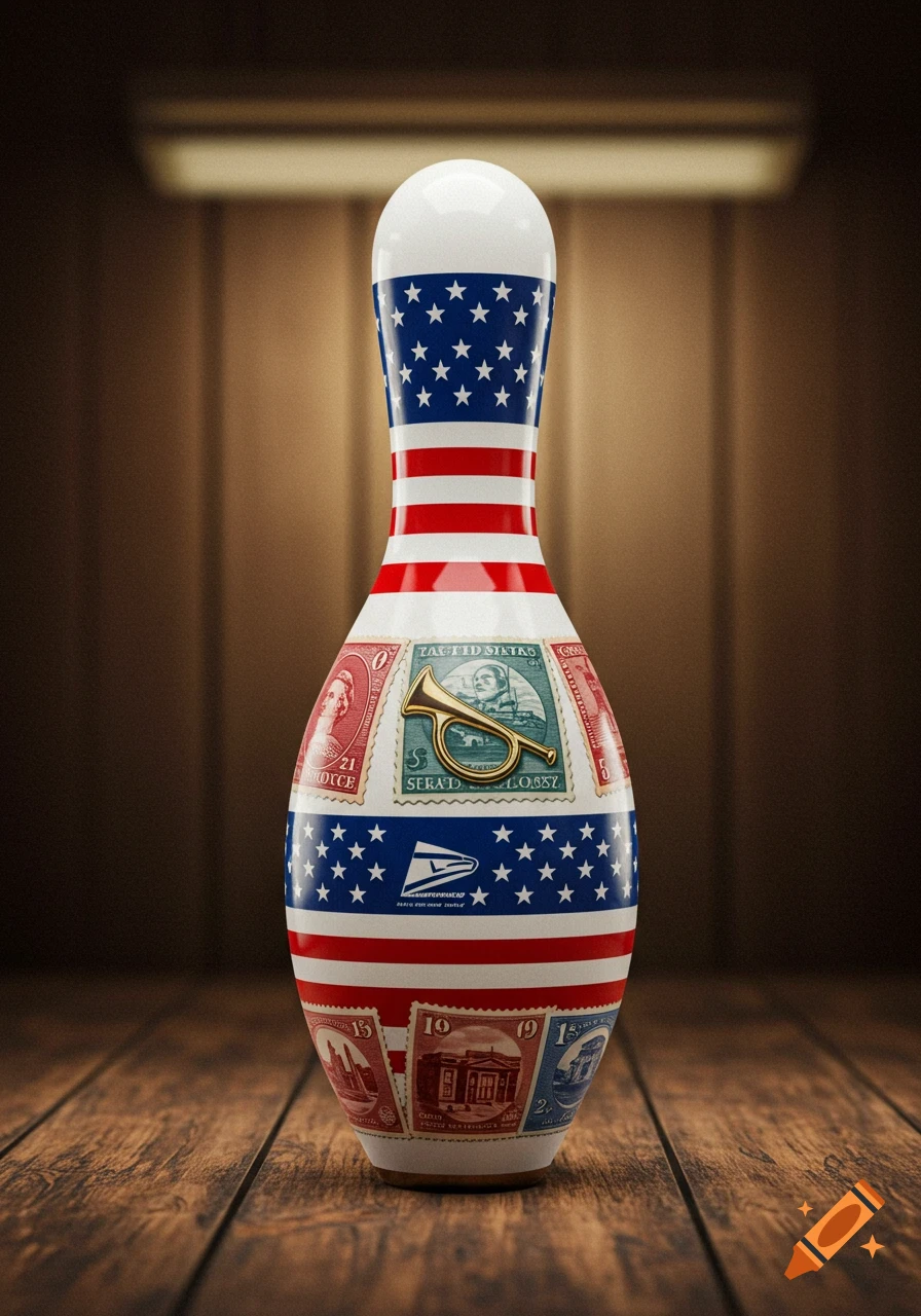 A bowling pin decorated with the American flag design and various postage stamps, featuring a gold bugle and a USPS logo, standing on a wooden floor.