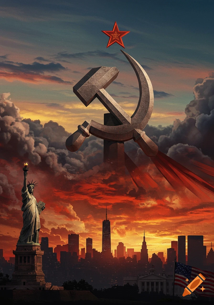A massive hammer and sickle with a red star looms over the New York City skyline and the Statue of Liberty, under a dramatic red and orange sunset sky. An American flag flies in the foreground.
