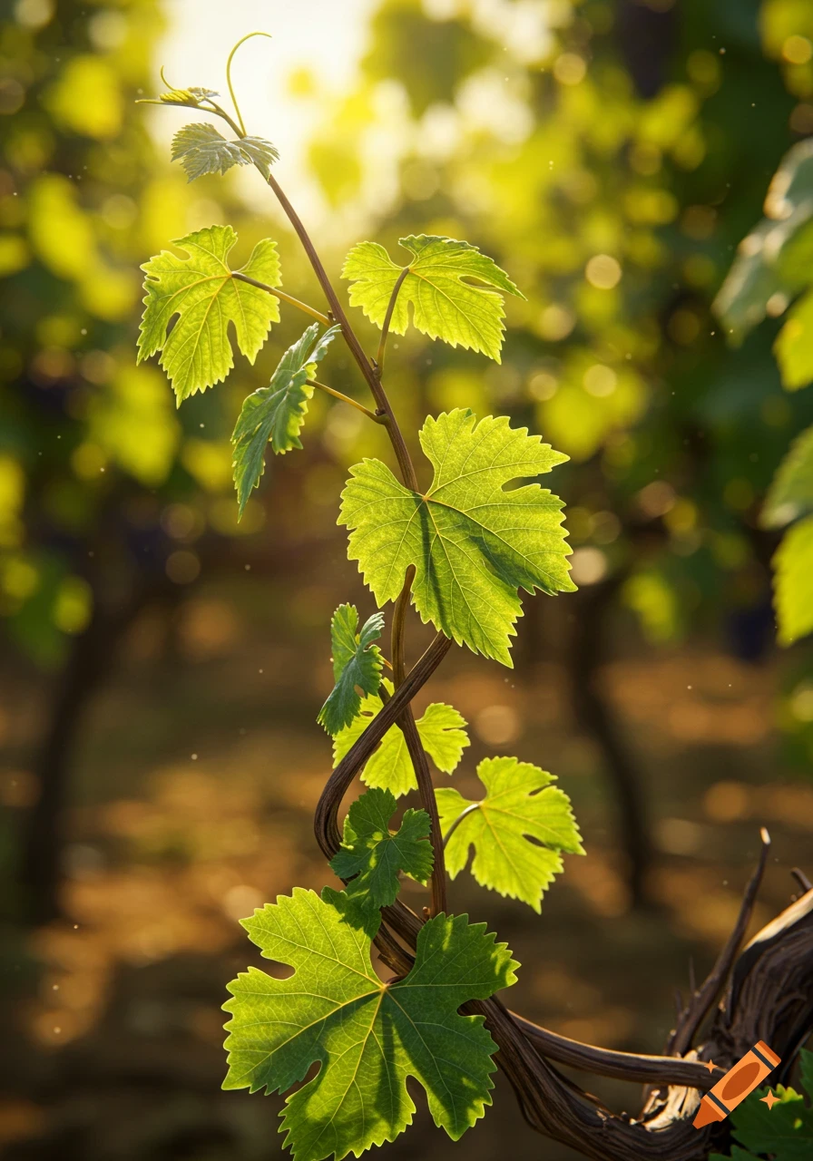 Close-up of vibrant green grape leaves on a vine bathed in golden sunlight, with a blurred vineyard in the background.