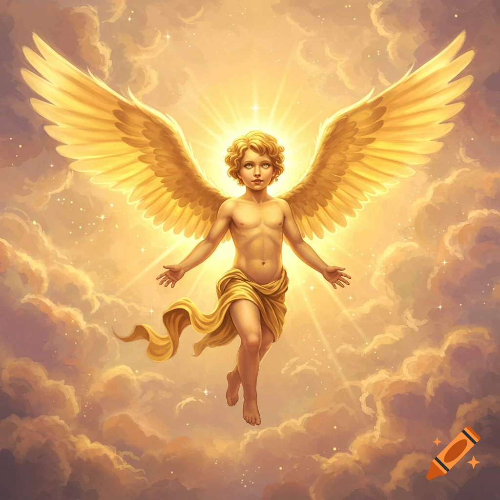 A blonde, winged cherub in golden drapery floats amid glowing clouds and light rays, emanating a bright, warm glow.