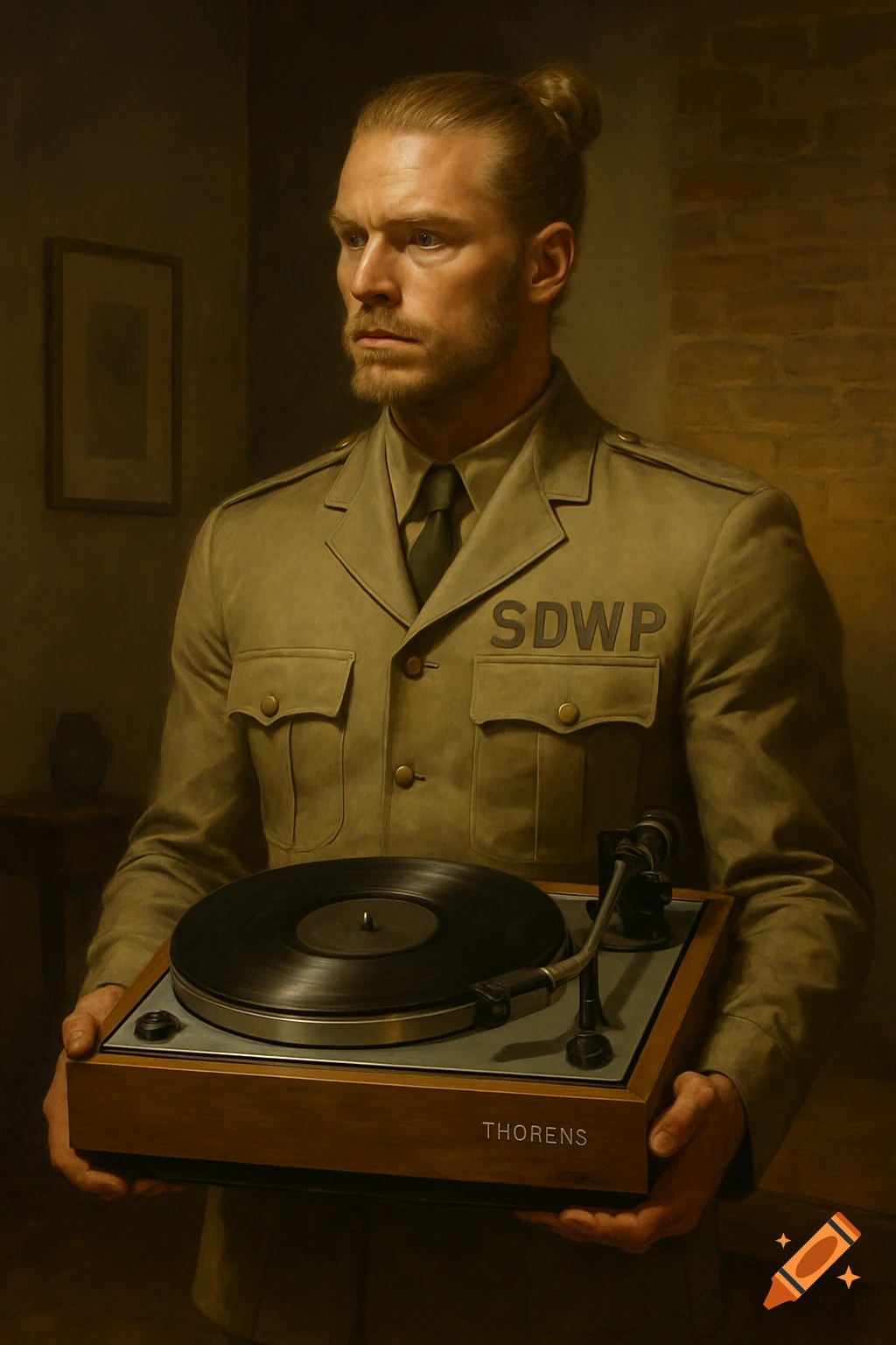 A stern man with a man bun and beard, wearing a military-style uniform ...