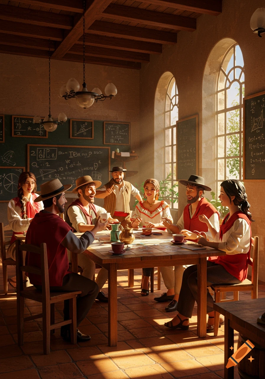 Group of people in traditional attire chat around a wooden table in a sunlit room with chalkboards.