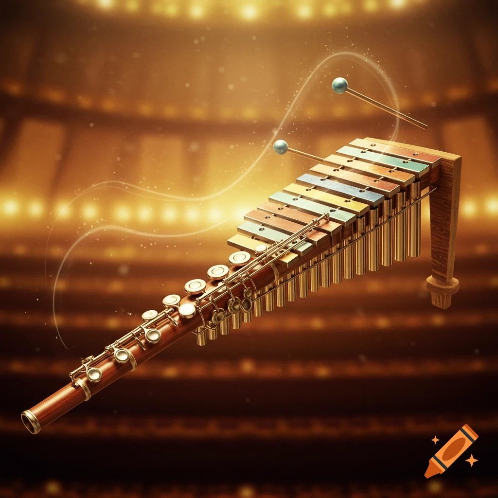 A glowing, ornate flute-xylophone hybrid instrument with mallets on a golden, spotlight-filled stage.