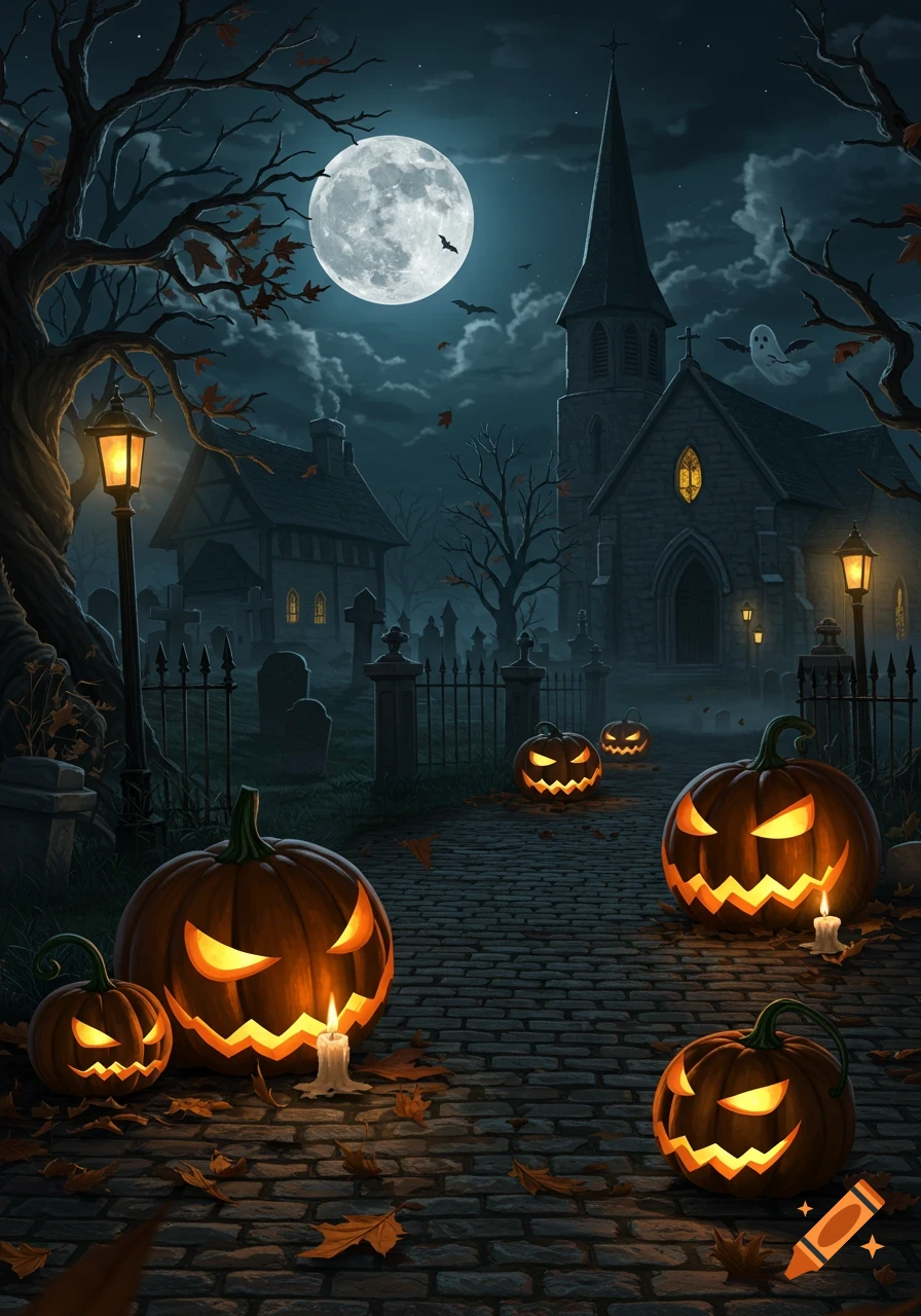 A spooky Halloween night scene with a full moon, graveyard, church, houses, glowing jack-o'-lanterns on a cobblestone path, bats, and a ghost.