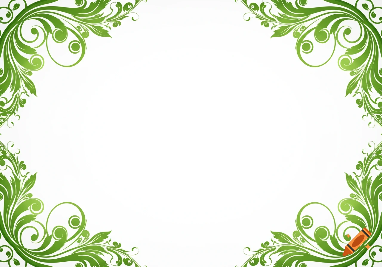 White background with green scrolling floral ornaments decorating each corner.