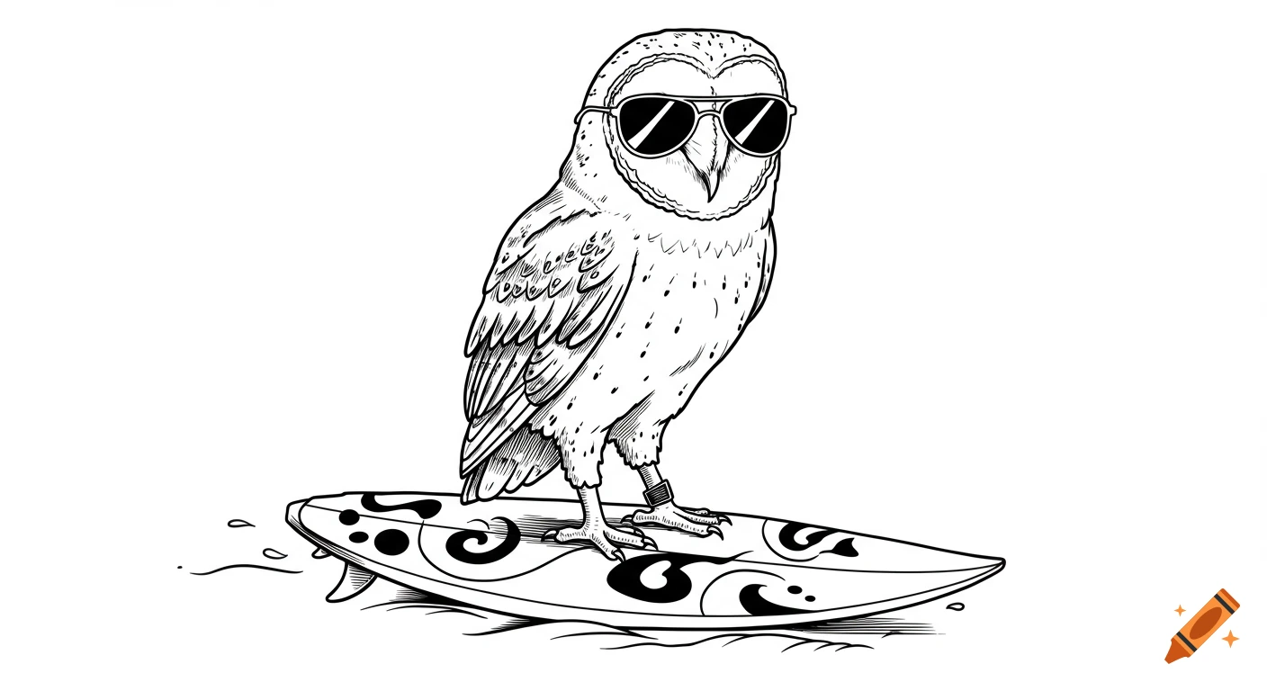 Black and white line illustration of a barn owl wearing aviator sunglasses, standing on a surfboard with abstract patterns.
