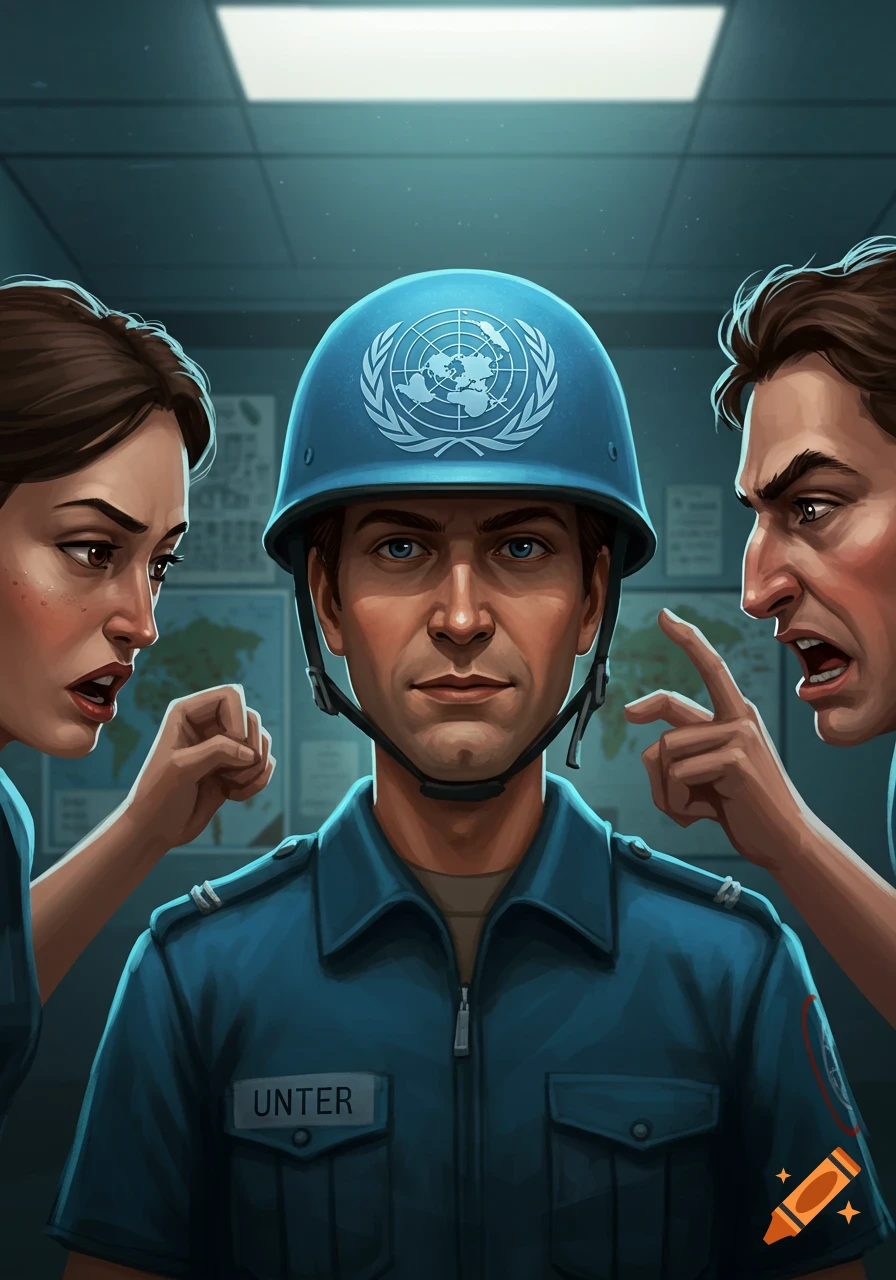Digital illustration of a stoic UN peacekeeper in a blue helmet being confronted by an angry man and woman on either side.