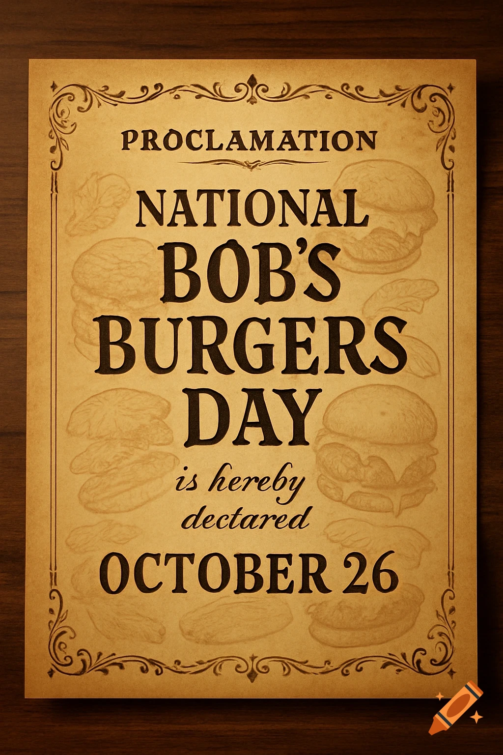 A vintage-style proclamation on a wooden table for "National Bob's Burgers Day" on October 26, with decorative borders and faint burger outlines.