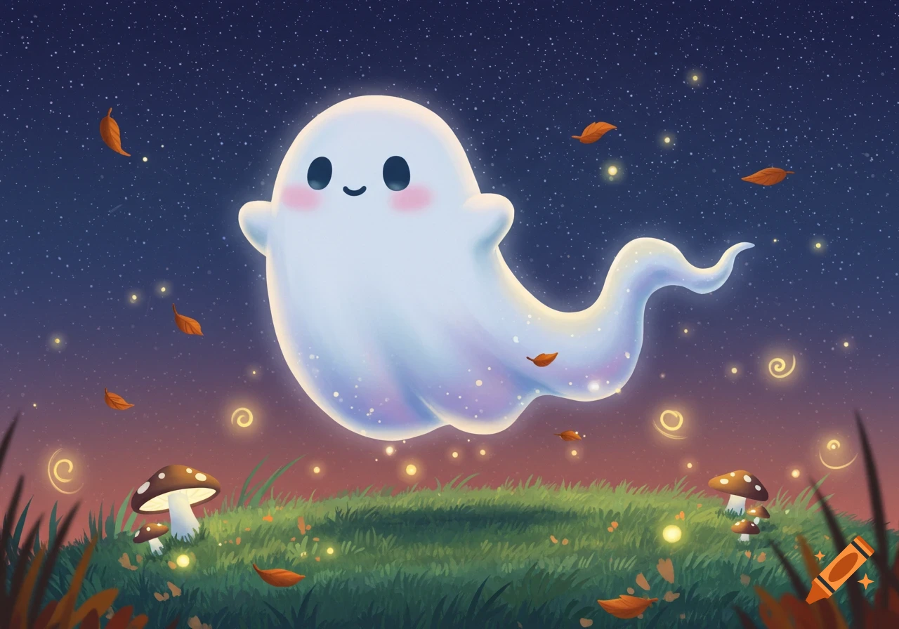 A cute cartoon ghost with rosy cheeks floats over a grassy field with glowing mushrooms, leaves, and fireflies under a starry night sky.