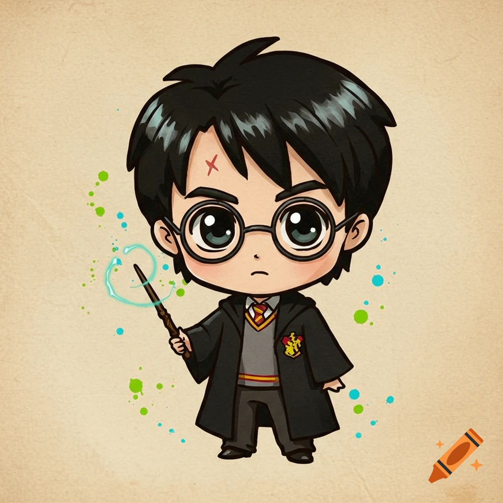 Chibi Harry Potter character holding a wand with a magical swirl and colorful splatters, against a textured beige background.