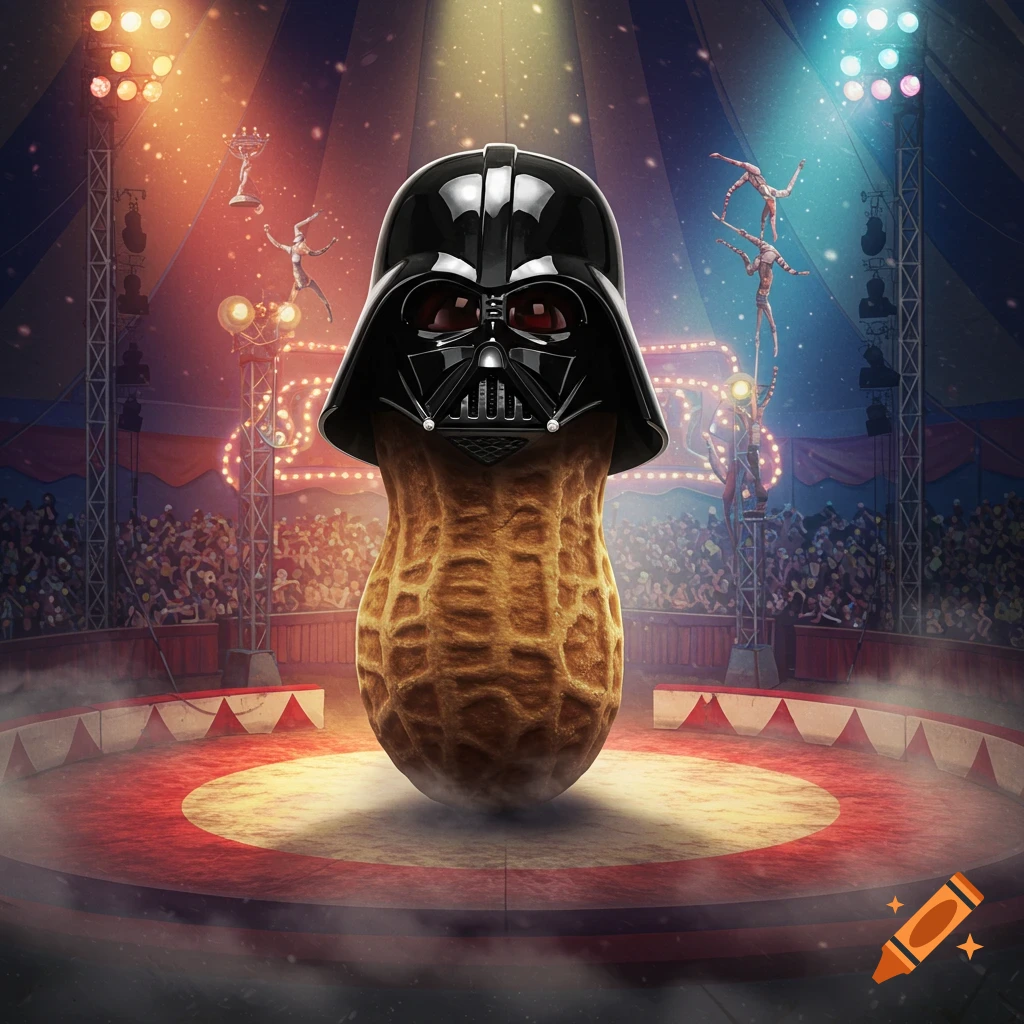 A photorealistic image of a Darth Vader helmet placed on a large peanut, standing center stage in a circus tent with acrobats and an audience.
