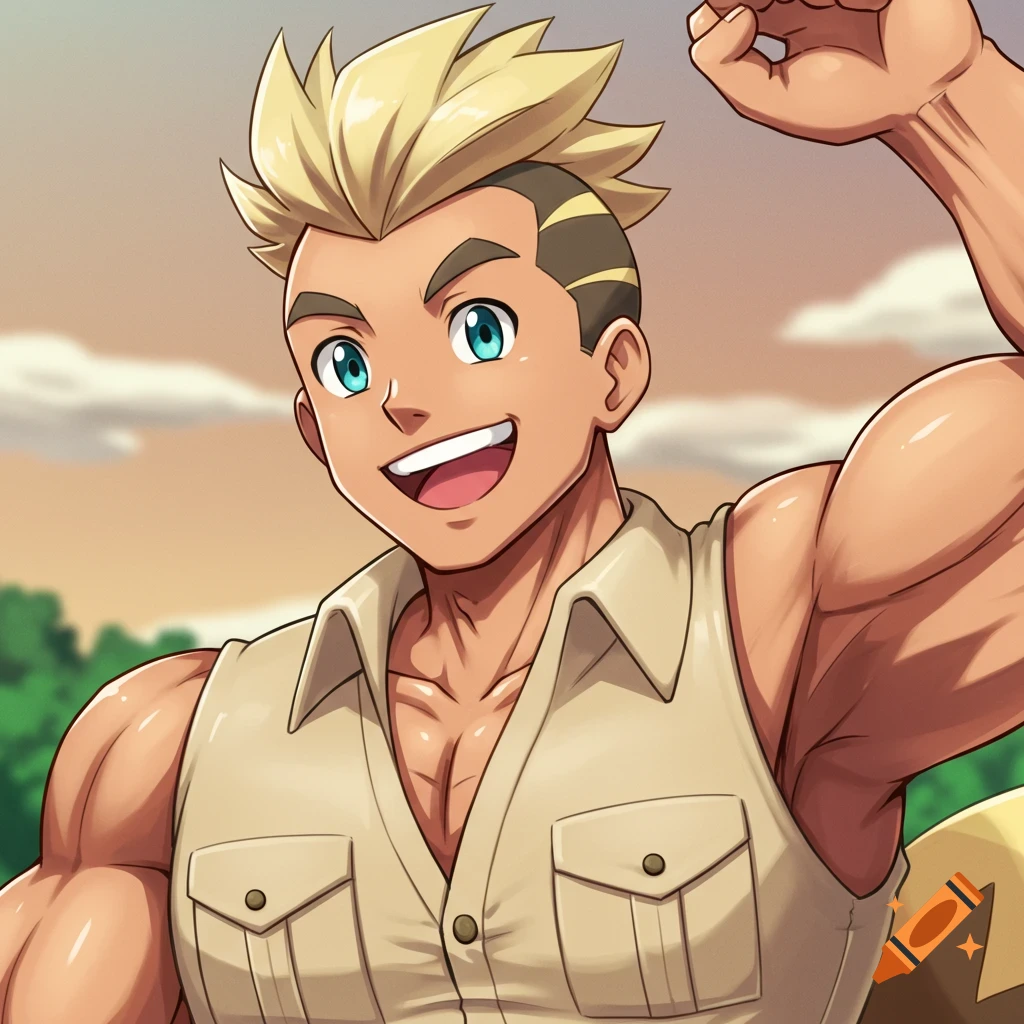Anime-style headshot of a muscular male character with blonde mohawk-like hair, blue eyes, and a cheery smile, wearing a beige sleeveless safari vest, flexing an arm outdoors.