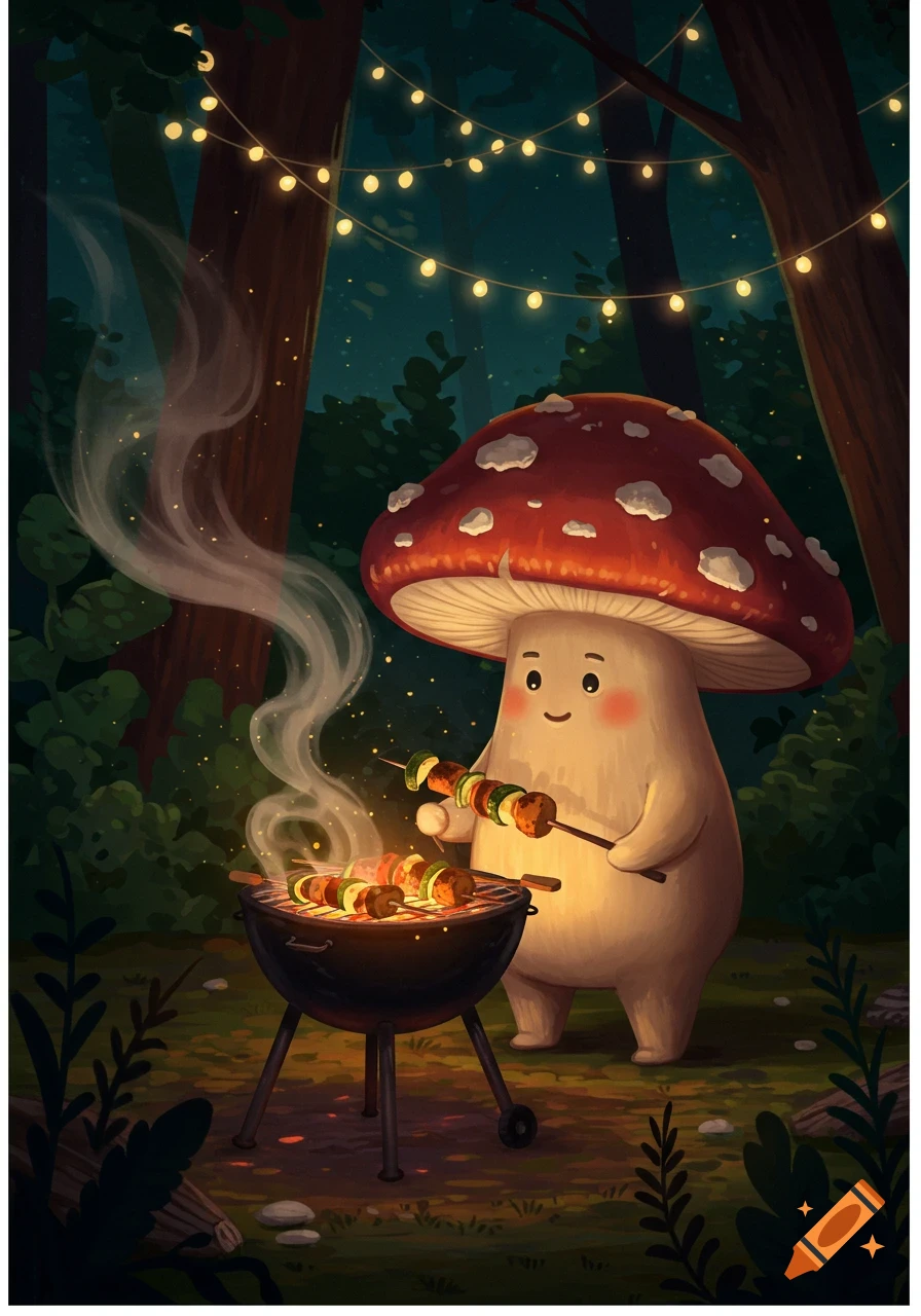 A cute mushroom character grills kebabs over a barbecue in a whimsical, dark forest lit by string lights.