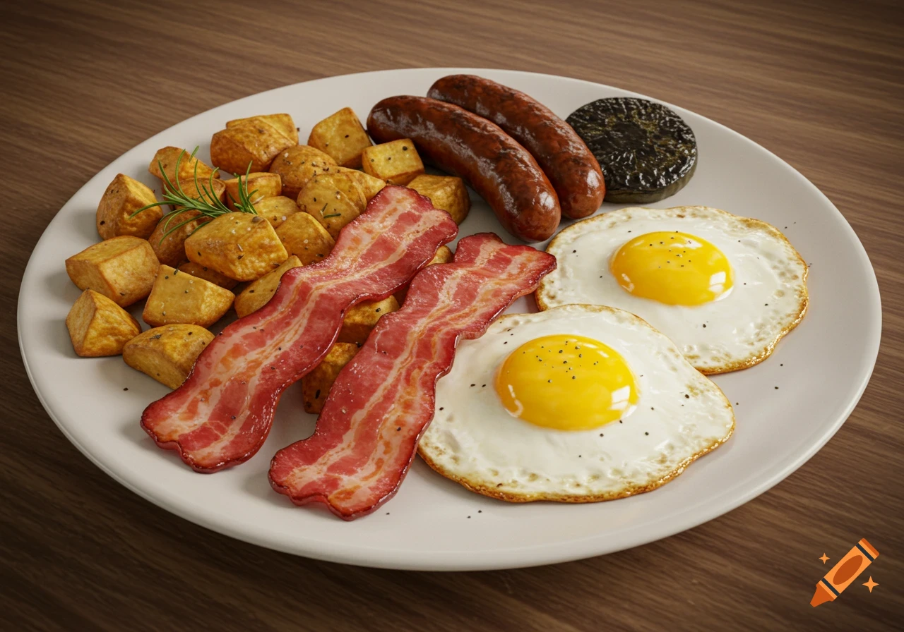 A full Canadian breakfast plate with two fried eggs, two sausages, home fries, two crispy bacon strips, and a dark circular item, on a wooden table.
