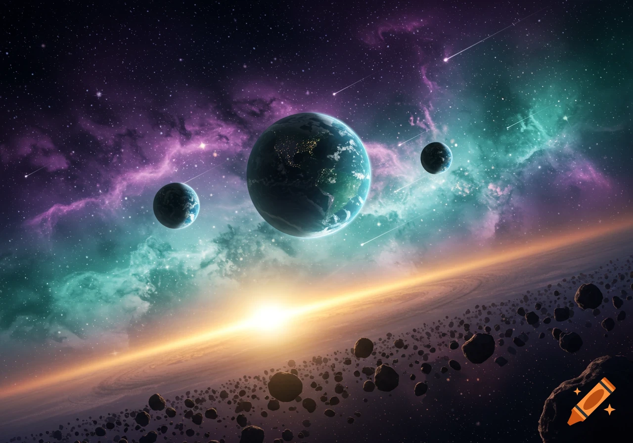 Three planets with light-up cities orbit a bright star in deep space, surrounded by purple and teal nebulas and an asteroid ring.