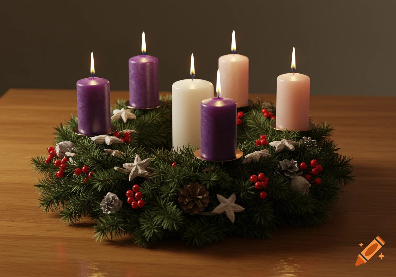 A photorealistic Advent wreath with three lit purple, two pink, and one white candle, surrounded by pine branches, red berries, and white star ornaments on a wooden table.