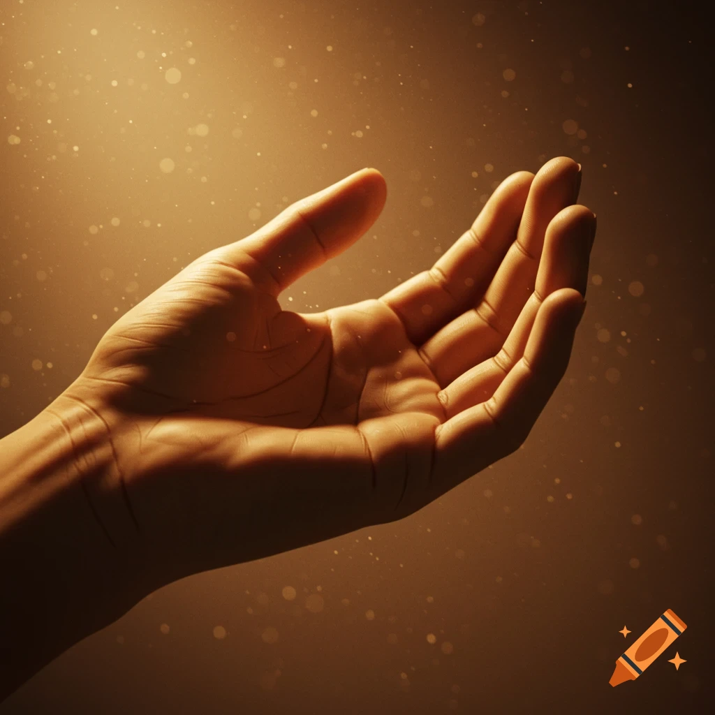 A close-up, photorealistic image of an open hand reaching upwards, bathed in warm golden light with glowing particles floating around.