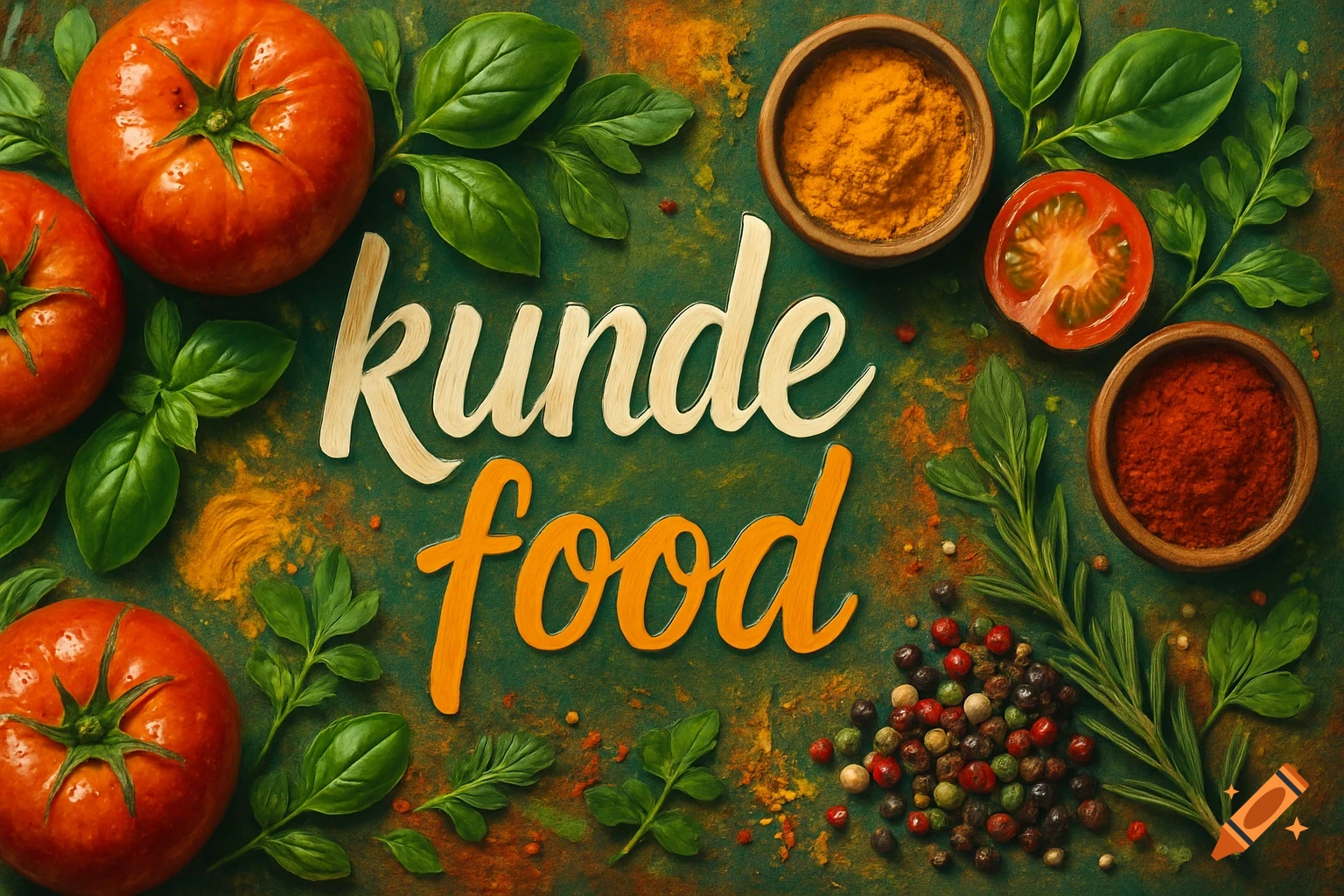Overhead view of fresh tomatoes, basil, and spices like turmeric, paprika, and peppercorns surrounding the text 'kunde food' on a rustic green background.