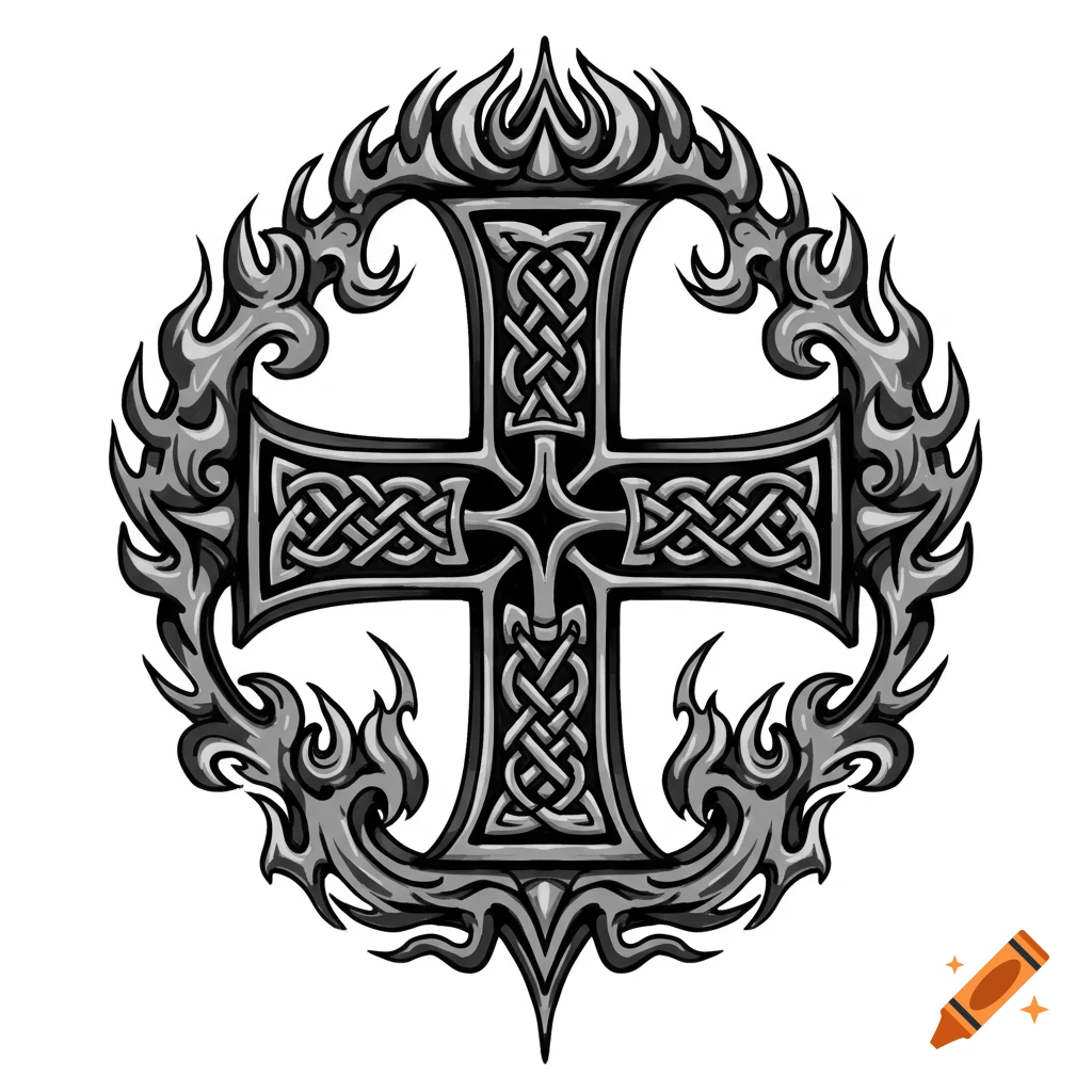 Monotone Celtic Maltese cross with intricate knotwork and stylized flames on a white background.