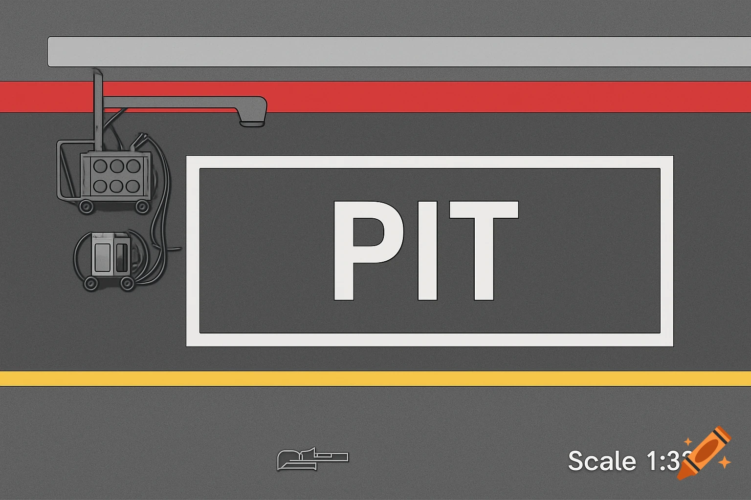 Flat, technical top-down illustration of a Formula 1 pit box with 'PIT' text and 'Scale 1:32' on a gray surface.