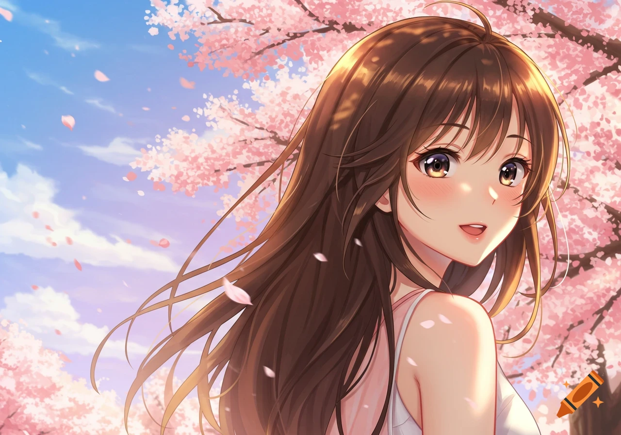 An anime girl with long brown hair smiles over her shoulder under a pink cherry blossom tree with falling petals.
