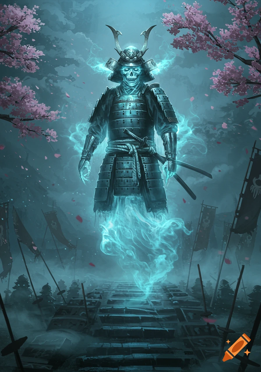 A spectral samurai ghost in blue glowing armor floats above a stone path, flanked by cherry blossom trees and banners in a misty, dark setting.