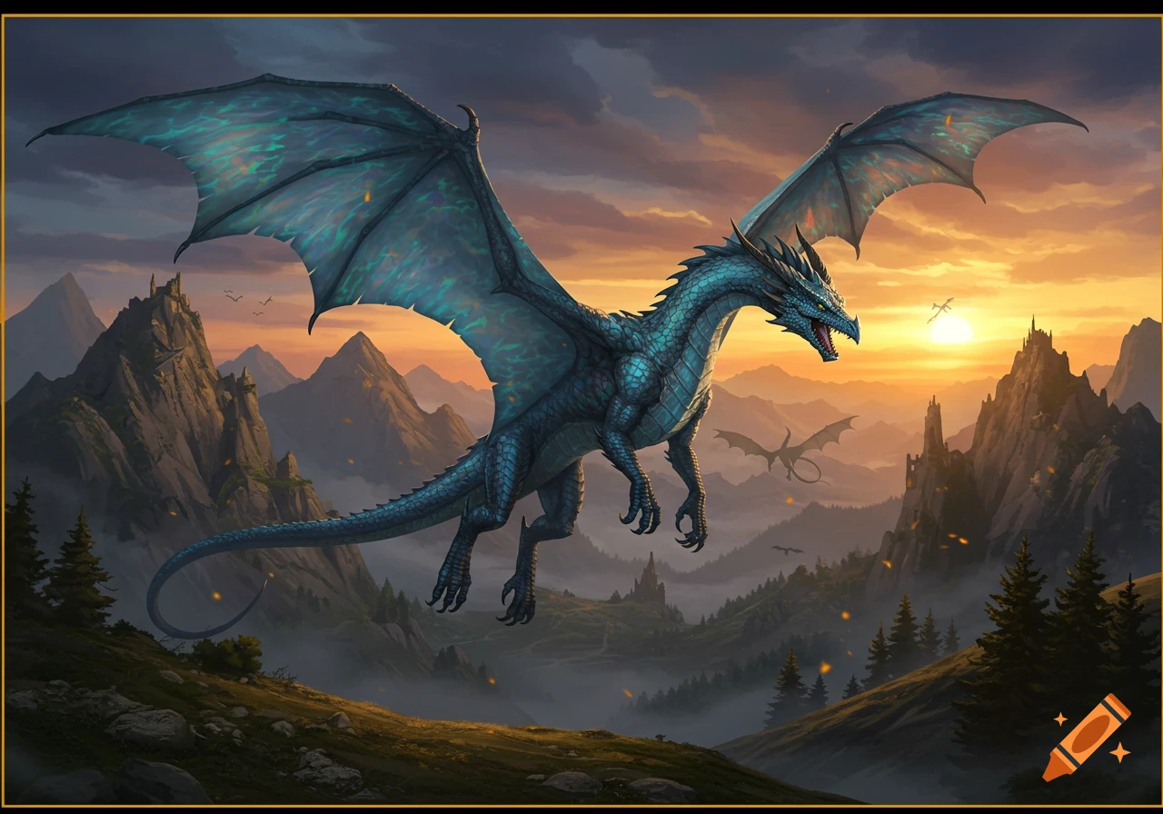 A large blue-green dragon with glowing wings soars over a rugged ...