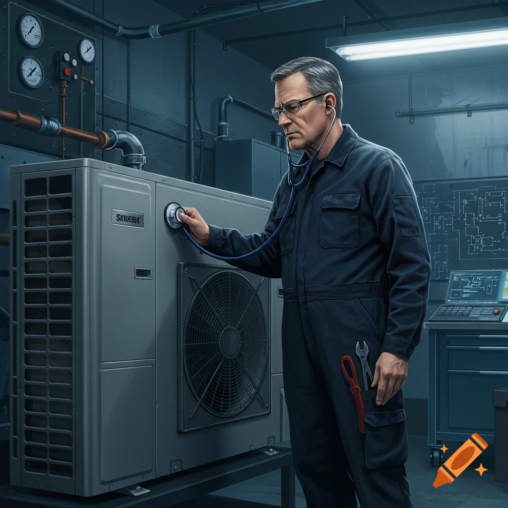 A photorealistic image of a male technician using a stethoscope to inspect a large grey heat pump unit in an industrial setting.
