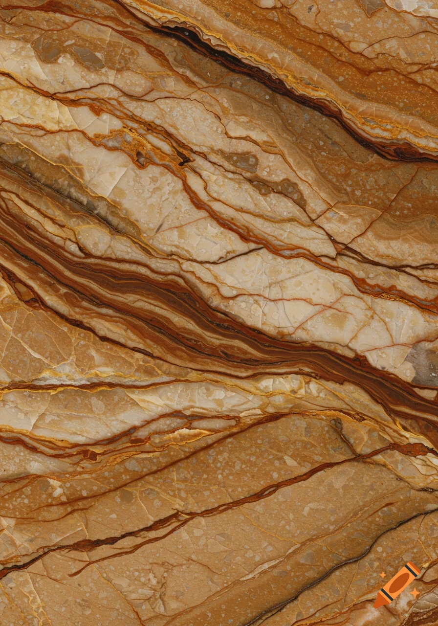 Close-up of a brown, orange, and cream marble pattern with wavy, flowing veins.